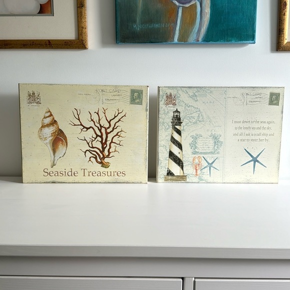 Set Coastal Postcard Style Shabby Chic Beachy Wooden Pictures (2) - Picture 4 of 8